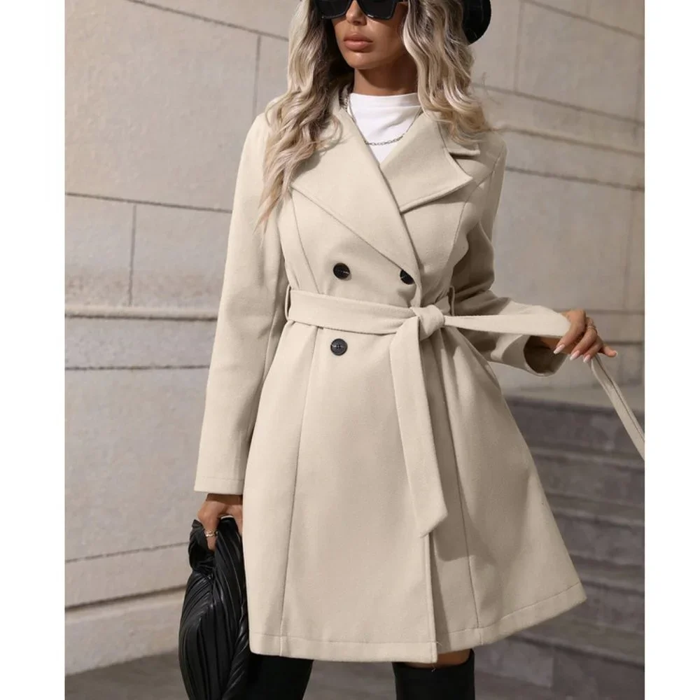 Womens Lapel Neck Double Breasted Belted Coat Beige - Picture 2 of 7